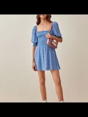 Reformation Blue Floral Smocked Midi Dress with Puff Sleeves